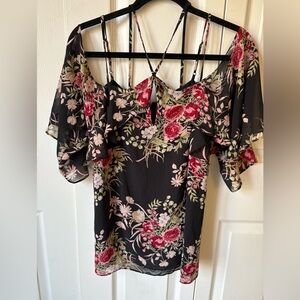 New York & Company Floral Blouse - Black and Red